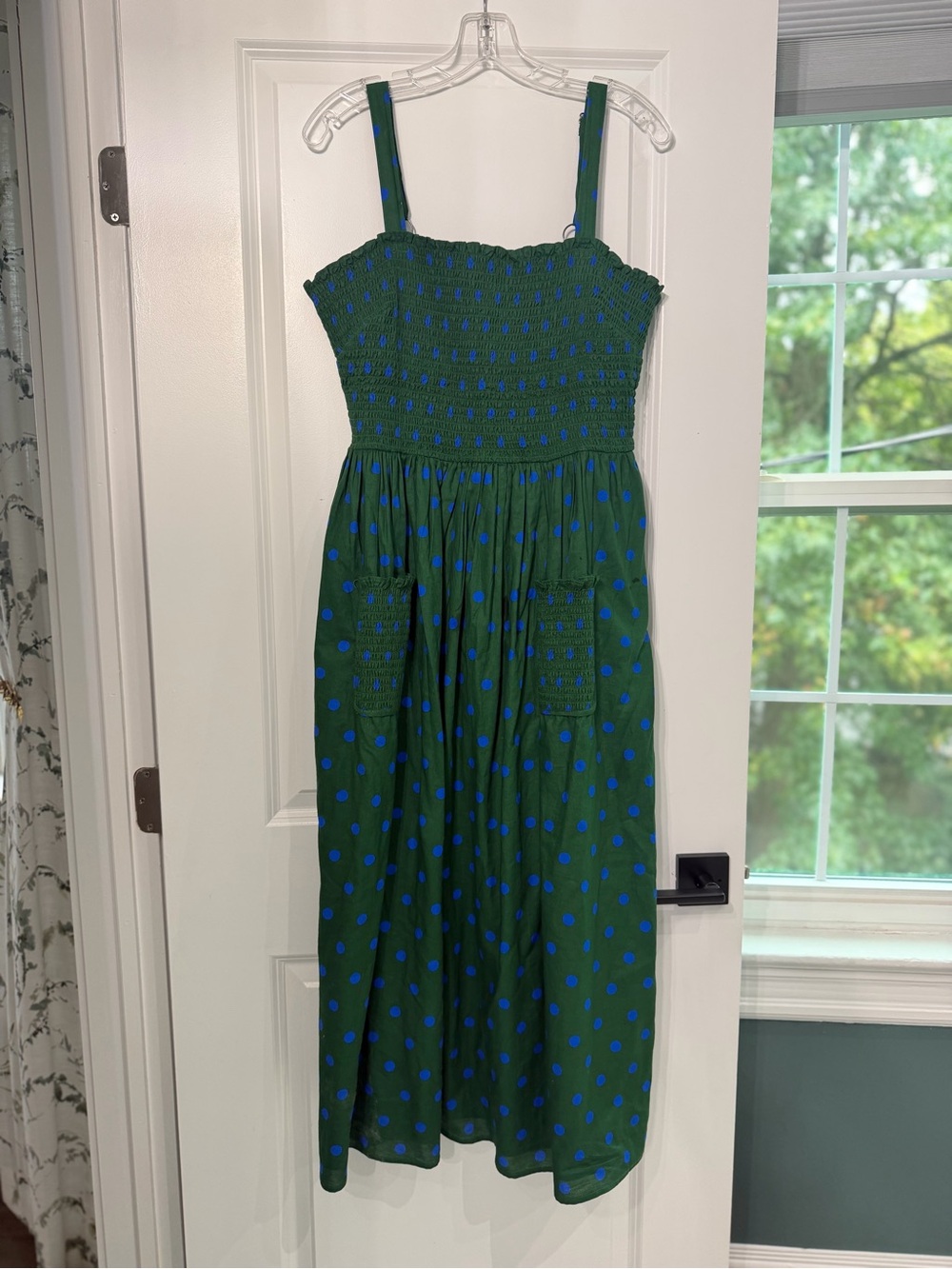 Anthropologie Green Midi Dress with Blue Polka Dots - Picture 5 of 8